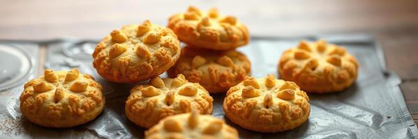 Freshly baked cookies arranged neatly on a cooling rack with a warm, inviting color palette photo