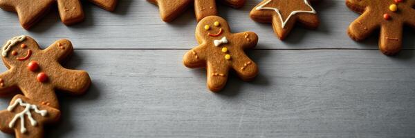 Gingerbread cookies decorated with icing and colorful candies placed on a wooden table during the festive holiday season photo