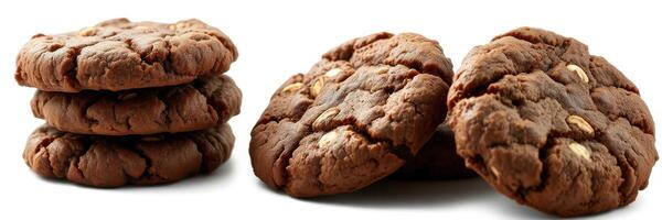 Delicious homemade chocolate cookies stacked and arranged on a white background, showcasing their rich texture and warm color photo
