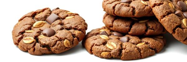 Chocolate chip cookies with oats stacked on a white background for a delightful treat photo
