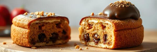 Delicious baked goods displayed on a wooden board showcasing rich textures and toppings photo