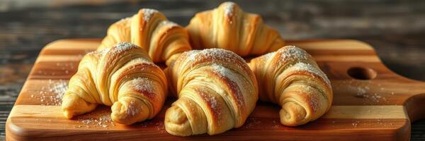 Freshly baked croissants on a wooden cutting board ready to be enjoyed with coffee photo