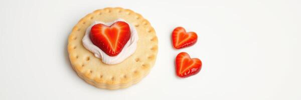 Heart-shaped strawberry cookies with cream display for a festive dessert occasion photo