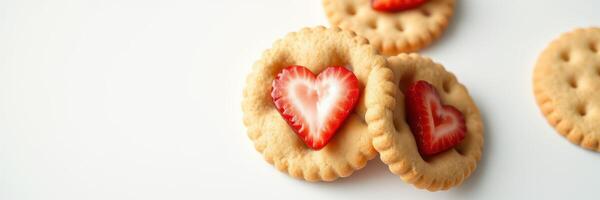 Cookies with heart-shaped strawberry slices arranged on a white surface for a delightful snack or dessert option photo