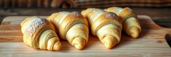 Freshly baked croissants arranged neatly on a wooden board in a cozy kitchen photo