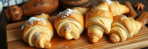 Freshly baked croissants on a wooden board with powdered sugar beside decorative items at a cozy kitchen photo