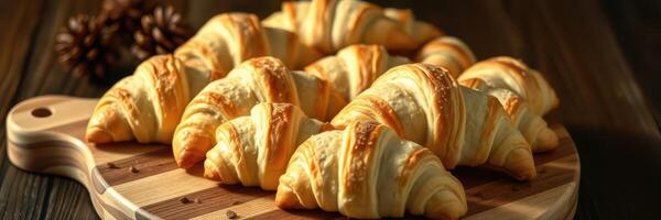 Freshly baked croissants on a wooden board in a cozy kitchen setting during the morning hours photo