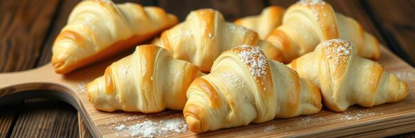 Freshly baked croissants on a wooden cutting board in a warm kitchen setting photo