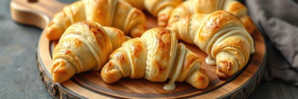 Freshly baked croissants served on a wooden platter with a drizzle of icing and a cozy atmosphere photo
