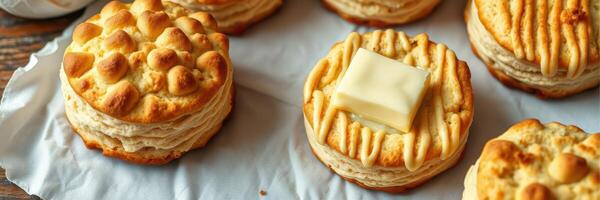 Freshly baked biscuits with butter ready to be served during breakfast at a cozy kitchen photo
