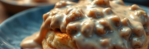 Savory breakfast featuring a fluffy biscuit topped with creamy sausage gravy in a cozy diner photo
