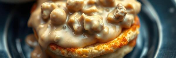 Biscuits topped with creamy sausage gravy served on a dark blue plate photo