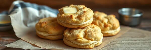 Freshly baked biscuits with melting butter on a rustic wooden table in a cozy kitchen setting photo
