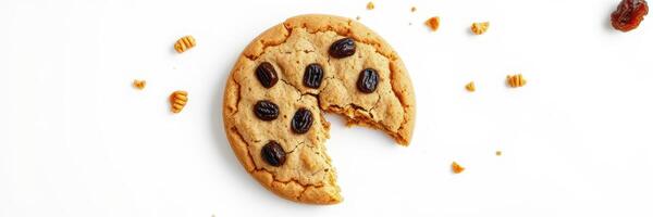 Freshly baked cookie with chocolate chips on a white surface, showcasing a bite taken out and crumbs scattered photo