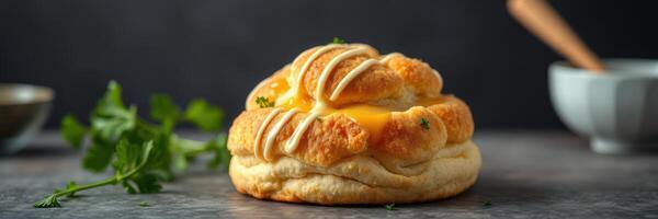 recién horneado sabroso un pan rodar coronado con queso y hierbas en un encimera en un acogedor cocina ajuste foto