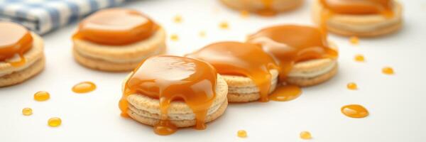 Delicious caramel cookies with gooey sauce on a clean white surface photo