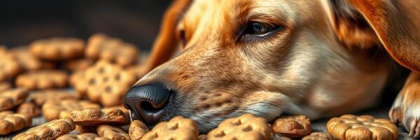 Dog resting among delicious cookies with a relaxed expression and a joyful atmosphere photo