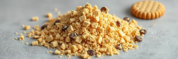 Crumbled dessert topping featuring crushed cookies and chocolate bits on a light surface photo