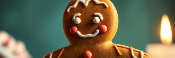 Festive gingerbread cookie smiling cheerfully on a table with warm candlelight in a cozy holiday setting photo