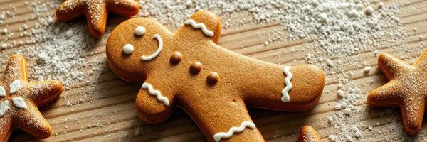 Gingerbread cookies decorated with icing and dusted with powdered sugar on a wooden surface during the holiday season photo