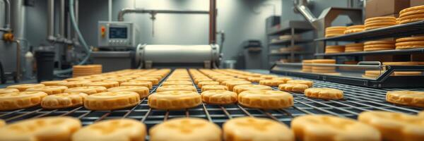 Cookies cooling in a commercial bakery kitchen as workers prepare for packaging and distribution during a busy production day photo