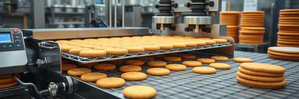 Cookie production line in a factory during daytime with automated machinery and freshly baked cookies photo