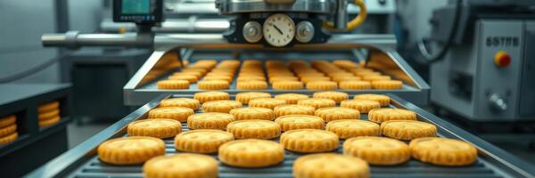 Baking process of golden cookies on a conveyor belt in a bustling factory during the morning shift photo