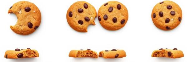 Cookies with chocolate chips displayed in four stages of consumption and breaking apart photo