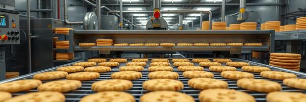 Cookies baking on conveyor belt in a large industrial kitchen during daytime production hours photo