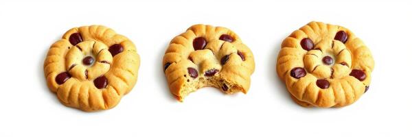Round chocolate chip cookies with a unique spiral design and one partially eaten on a plain background photo