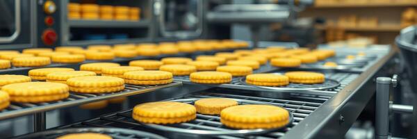 Freshly baked cookies cooling on metal racks in a busy bakery during the morning hours photo