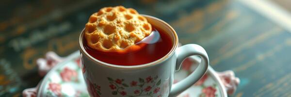 Warm beverage topped with a crispy snack in a cozy setting during afternoon tea photo