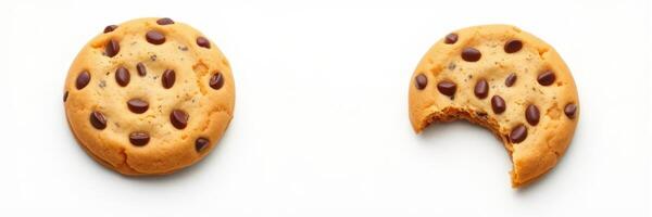 Delicious chocolate chip cookie with a bite taken out, resting on a clean surface photo