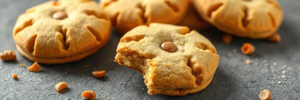 Freshly baked peanut butter cookies with a bite taken out, arranged on a dark surface photo