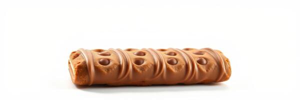 Delicious chocolate-coated biscuit roll placed on a plain background inviting taste and enjoyment photo