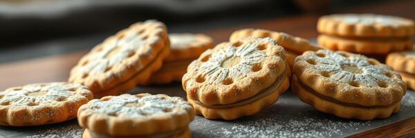 Delicious homemade cookies arranged neatly on a wooden table coated with powdered sugar photo