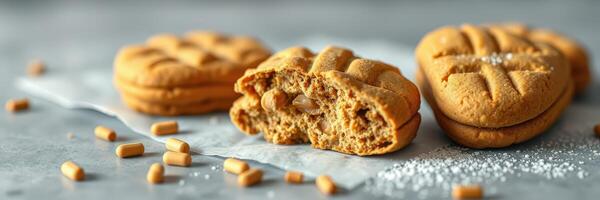 Delicious peanut butter cookies with caramel chunks on a textured surface photo