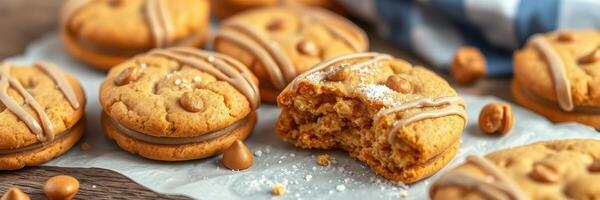 Deliciously baked cookies with caramel filling and drizzle arranged on a table photo