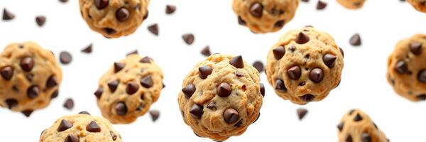 Cookies with chocolate chips floating in the air create a whimsical and appetizing display of baked goodness photo