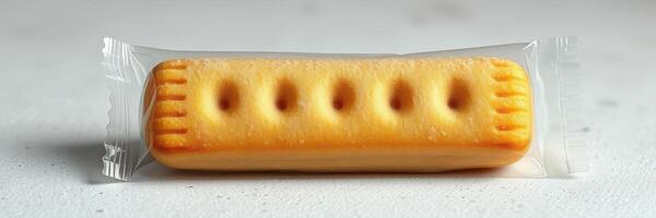 Biscuit wrapped in clear plastic resting on a light surface in a kitchen environment during the daytime photo