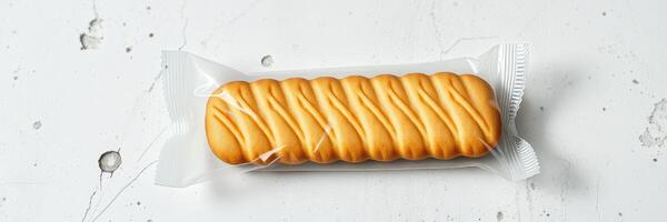 Delicious creamy biscuit wrapped in clear packaging on a textured surface photo