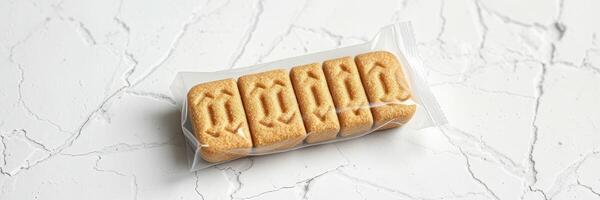 Sweet biscuits arranged neatly in a clear packet on a textured surface photo