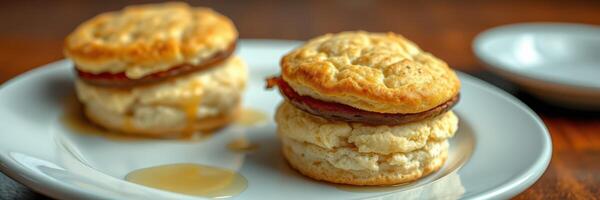 Delicious biscuits with sausage and syrup ready for breakfast at a cozy diner photo