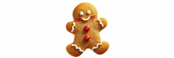 Deliciously decorated gingerbread man with icing and red candy buttons in festive holiday spirit photo