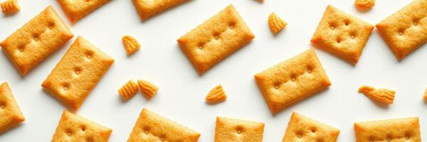 Colorful assortment of savory crackers arranged on a white surface photo