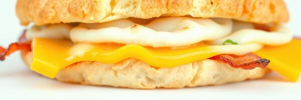 Breakfast sandwich with cheese, bacon, and egg on a flaky biscuit served on a white plate photo