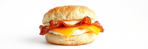 Biscuit sandwich with egg, cheese, and bacon served on white background photo