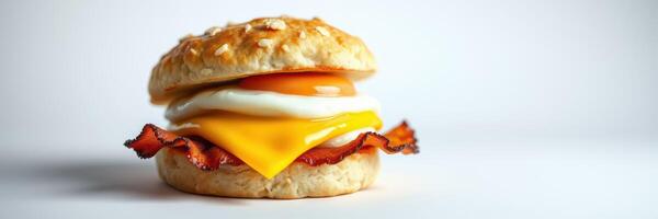 Delicious breakfast sandwich with bacon, egg, and cheese on a toasted bun ready to be enjoyed in the morning photo