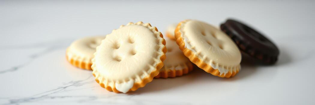 Delicious button-shaped cookies arranged on a marble surface, showcasing a mix of colors and textures, perfect for dessert lovers photo