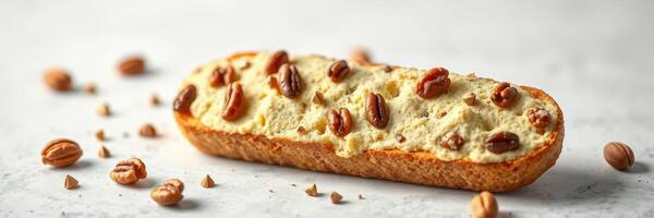 Delicious dessert with creamy topping and nuts served on a light background during a casual dining experience photo